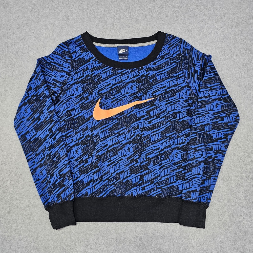 Nike Womens Medium Crewneck Sweatshirt‎ Blue Long Sleeve AOP Logo Spellout